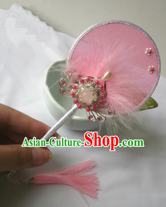 Traditional Chinese Handmade Ancient Hanfu Cosplay Pink Feather Round Fan Props for Women