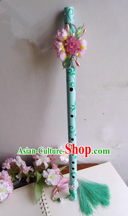 Traditional Handmade Chinese Ancient Green Flowers Gradient Tassel Flute for Women