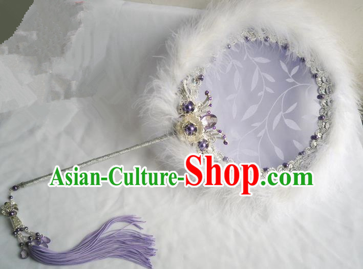 Traditional Chinese Handmade Ancient Hanfu Cosplay Purple Feather Round Fan Props for Women