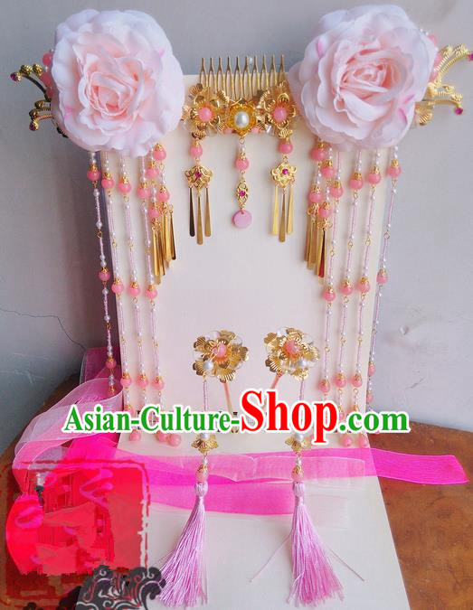 Traditional Handmade Chinese Ancient Classical Pink Flowers Hair Accessories Complete Set, Hair Sticks Tassel Hair Jewellery, Hair Fascinators Hairpins for Women