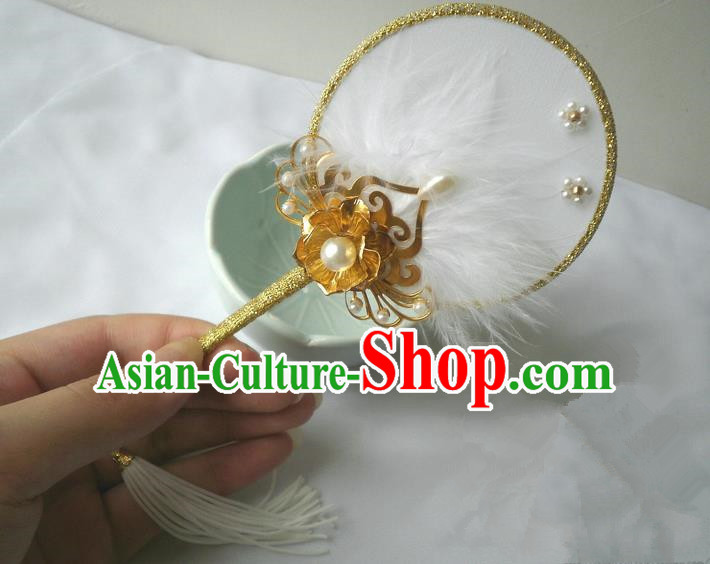 Traditional Chinese Handmade Ancient Hanfu White Plush Little Fan Props