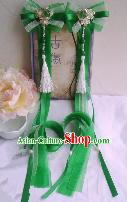 Traditional Handmade Chinese Ancient Classical Green Bowknot Hair Accessories, Hair Sticks Tassel Hair Jewellery, Hair Fascinators Hairpins for Women