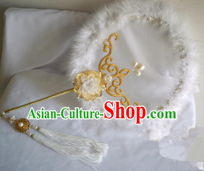 Traditional Chinese Handmade Ancient Hanfu Cosplay Purple Feather Round Pearl Fan Props for Women