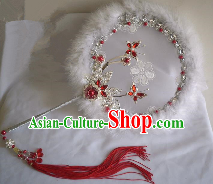 Traditional Chinese Handmade Ancient Hanfu Cosplay Red Feather Round Pearl Fan Props for Women