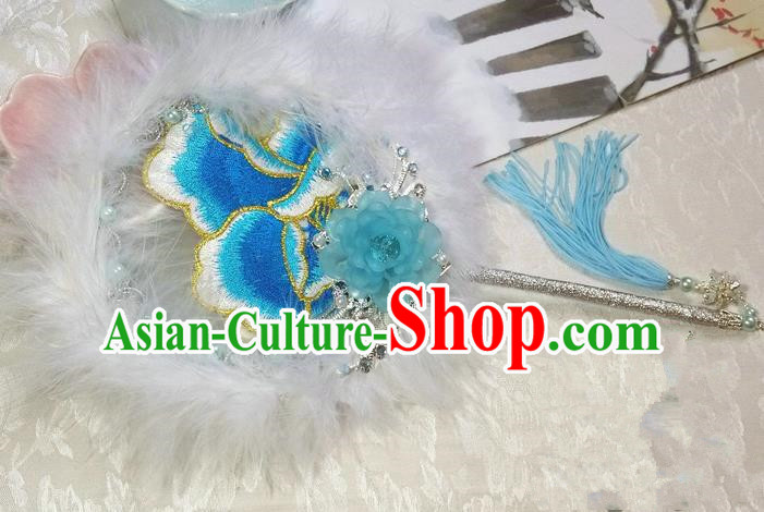 Traditional Chinese Handmade Ancient Hanfu Cosplay Blue Feather Embroidered Flowers Round Fan Props for Women