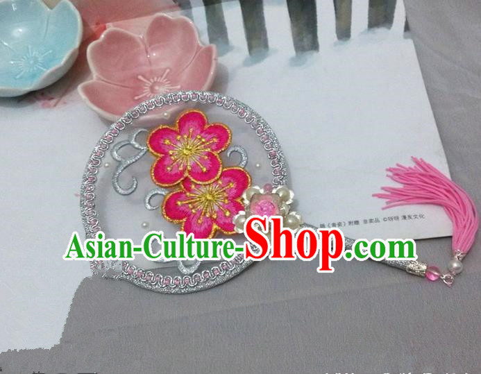 Traditional Chinese Handmade Ancient Hanfu Cosplay Round Embroidered Peach Blossom Fan Props for Women