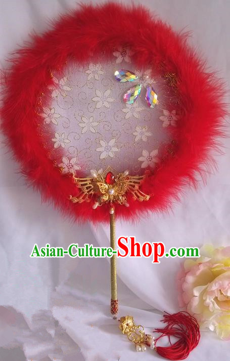 Traditional Chinese Handmade Ancient Hanfu Cosplay Round Embroidered Red Fan Props for Women