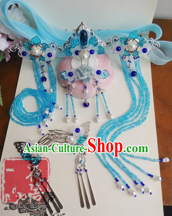 Traditional Handmade Chinese Ancient Classical Blue Flowers Hair Accessories Complete Set, Hair Sticks Tassel Hair Jewellery, Hair Fascinators Hairpins for Women