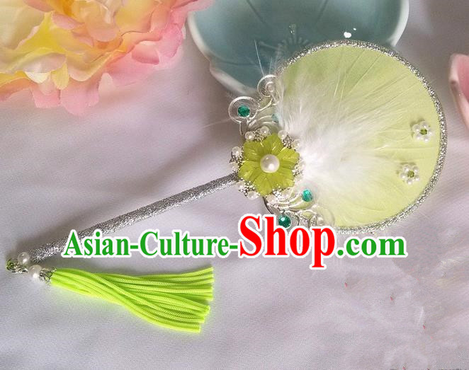 Traditional Chinese Handmade Ancient Hanfu Cosplay Yellow Feather Little Round Fan Props