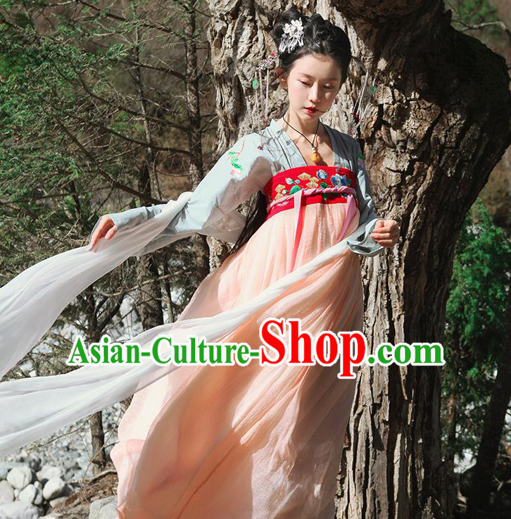 Traditional Ancient Chinese Female Costume Blouse and Dress Complete Set, Elegant Hanfu Clothing Chinese Tang Dynasty Embroidering Flower Palace Princess Clothing for Women