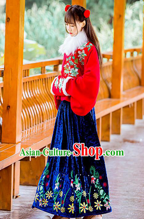 Traditional Ancient Chinese Female Costume Woolen Red Blouse and Blue Dress Complete Set, Elegant Hanfu Clothing Chinese Ming Dynasty Palace Princess Embroidered Clothing for Women