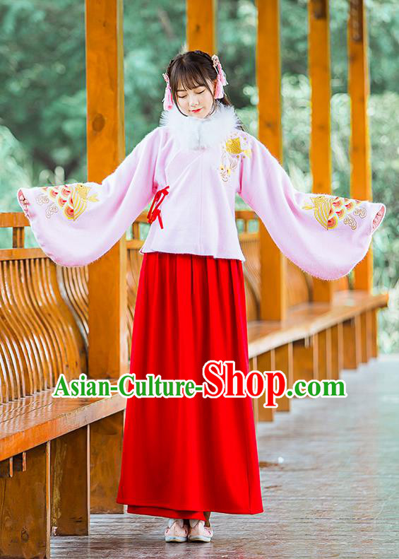 Traditional Ancient Chinese Female Costume Woolen Pink Blouse and Red Dress Complete Set, Elegant Hanfu Clothing Chinese Ming Dynasty Palace Princess Embroidered Carp Clothing for Women