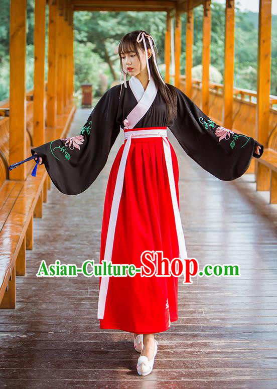 Traditional Ancient Chinese Female Costume Black Blouse and Red Dress Complete Set, Elegant Hanfu Clothing Chinese Ming Dynasty Palace Princess Embroidered Clothing for Women