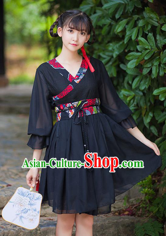 Traditional Ancient Chinese Female Costume Improved Black Dress Complete Set, Elegant Hanfu Clothing Chinese Ming Dynasty Palace Princess Clothing for Women