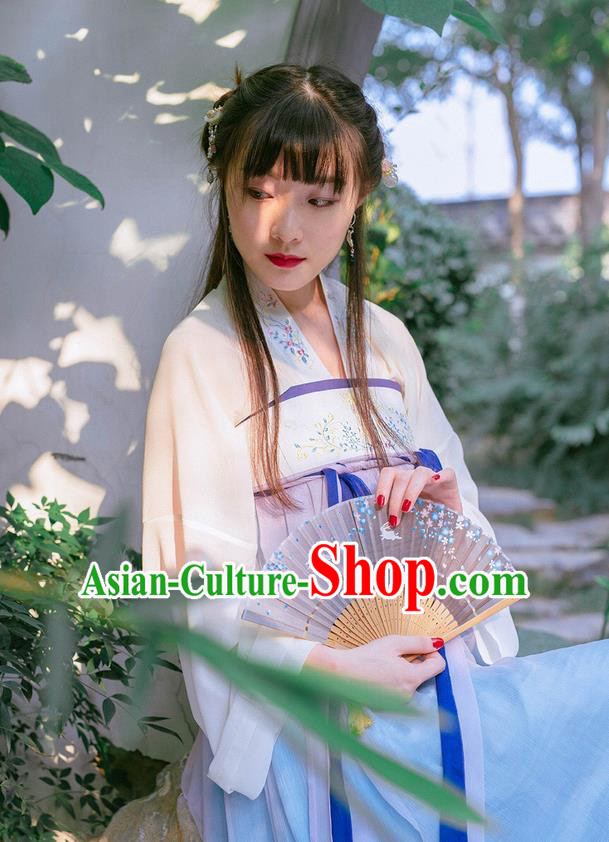 Traditional Ancient Chinese Female Costume Lilac Blouse and Dress Complete Set, Elegant Hanfu Clothing Chinese Tang Dynasty Embroidered Palace Princess Clothing for Women