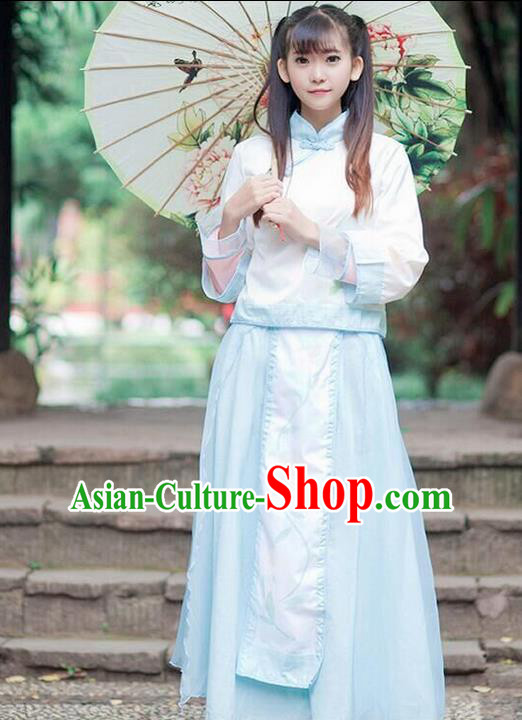 Traditional Ancient Chinese Female Costume Improved Stand Collar Blouse and Dress Complete Set, Elegant Hanfu Clothing Chinese Ming Dynasty Palace Princess Clothing for Women