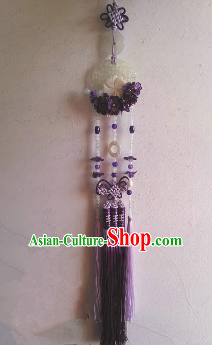 Traditional Chinese Handmade Ancient Hanfu Waist Jewelry Jade Wearing Purple Agate Flowers Pendant Sword Tassel for Women