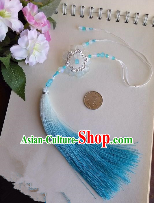 Traditional Chinese Handmade Ancient Hanfu Waist Jewelry Jade Wearing Blue Glass Flowers Pendant Sword Tassel for Women