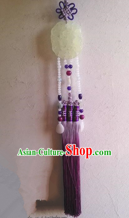 Traditional Chinese Handmade Ancient Hanfu Waist Jewelry Jade Wearing Purple Agate Flowers Pendant Sword Tassel for Women
