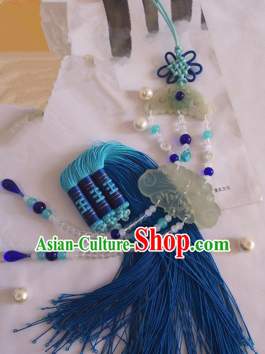 Traditional Chinese Handmade Ancient Hanfu Waist Jewelry Jade Wearing Blue Palace Agate Pendant Sword Tassel for Women