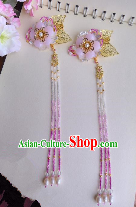 Traditional Handmade Chinese Ancient Classical Blue Flowers Hair Accessories, Pure Cupper Hair Sticks Tassel Hair Claws, Hair Fascinators Hairpins for Women