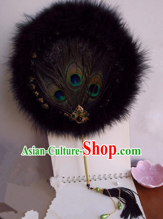 Traditional Chinese Handmade Ancient Hanfu Cosplay Round Peacock Feathers Fan Props for Women