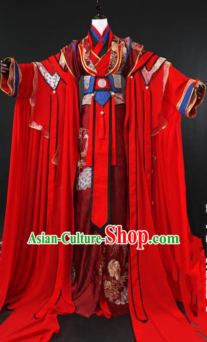 Traditional Ancient Chinese Imperial Emperor Wedding Costume Complete Set, Elegant Hanfu Palace King Red Robe, Chinese Han Dynasty Majesty Tailing Embroidered Clothing for Men