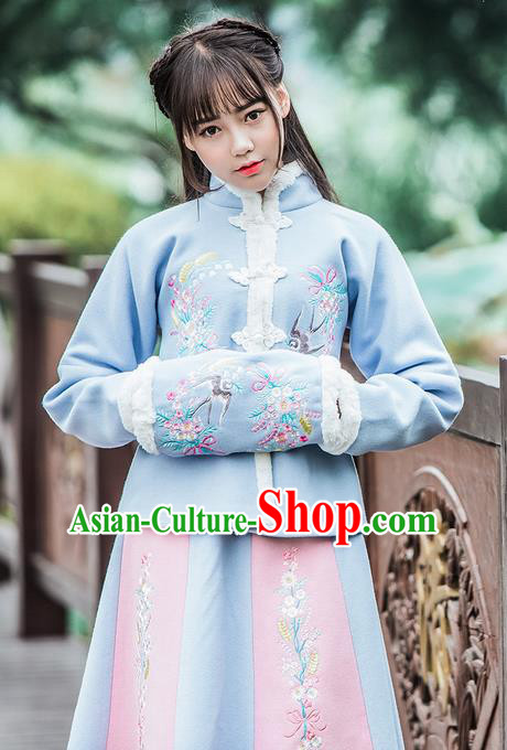 Traditional Ancient Chinese Embroidered Hanfu Muff Embroidered Swallow Blue Handwarmers for Women