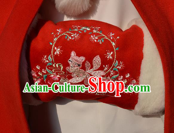 Traditional Ancient Chinese Embroidered Hanfu Muff Embroidered Fox Red Handwarmers for Women