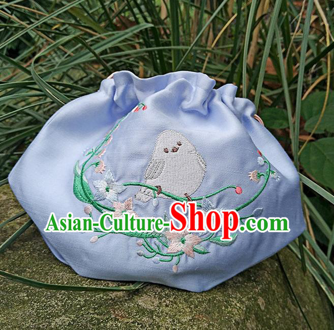 Traditional Ancient Chinese Embroidered Hanfu Handbags Embroidered Bird Blue Bag for Women