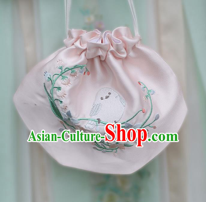 Traditional Ancient Chinese Embroidered Hanfu Handbags Embroidered Bird Pink Bag for Women