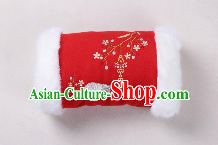 Traditional Ancient Chinese Embroidered Hanfu Muff Embroidered Fox Red Handwarmers for Women