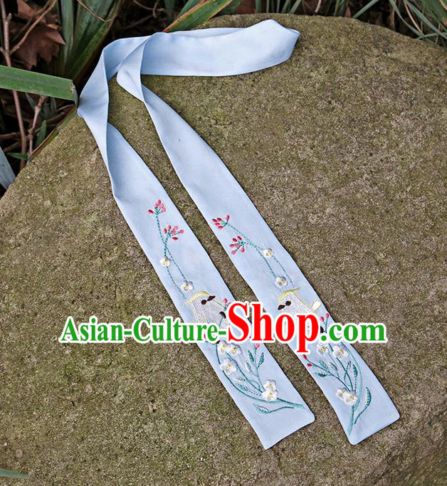 Traditional Ancient Chinese Embroidered Hanfu Hair Snood Embroidered Bird Blue Silk Bandeau for Women