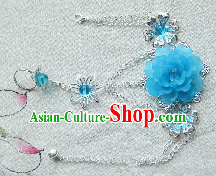 Traditional Handmade Chinese Ancient Princess Classical Accessories Jewellery Blue Flowers Bracelets Chain Bracelet with Ring for Women