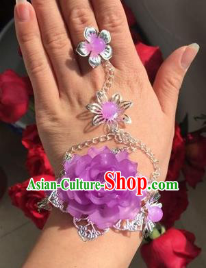 Traditional Handmade Chinese Ancient Princess Classical Accessories Jewellery Purple Flowers Bracelets Chain Bracelet with Ring for Women