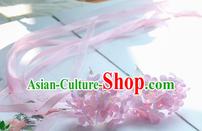 Traditional Handmade Chinese Ancient Princess Classical Accessories Jewellery Pearl Hair Sticks Long Ribbon Pink Hair Claws, Hair Fascinators Hairpins for Women