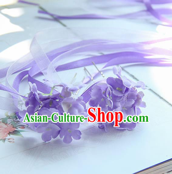 Traditional Handmade Chinese Ancient Princess Classical Accessories Jewellery Hair Sticks Long Ribbon Purple Hair Claws, Hair Fascinators Hairpins for Women