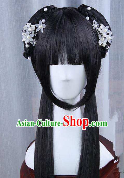 Traditional Handmade Ancient Chinese Han Dynasty Imperial Princess Hair Decoration and Wig Complete Set, Ancient Chinese Young Lady Headwear and Wig for Women