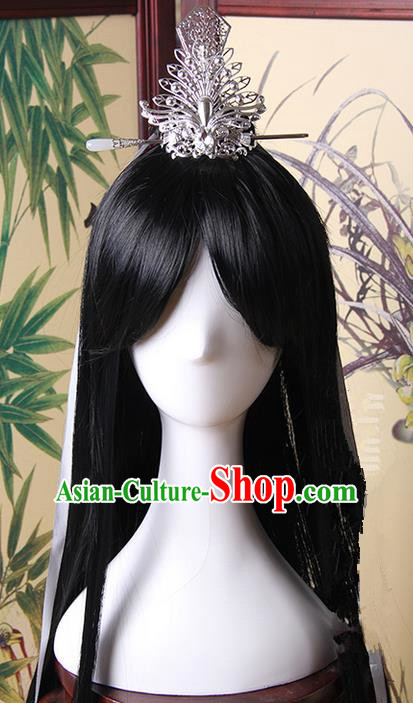 Traditional Handmade Ancient Chinese Tang Dynasty Imperial Prince Hair Decoration and Wig Complete Set, Ancient Chinese Swordsman Headwear and Wig for Men
