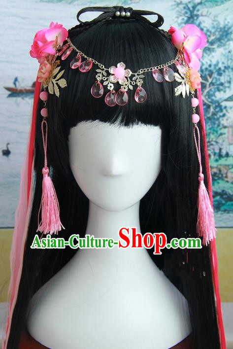 Traditional Handmade Ancient Chinese Han Dynasty Imperial Empress Hair Decoration and Wig Complete Set, Ancient Chinese Cosplay Fairy Queen Hanfu Headwear and Wig for Women