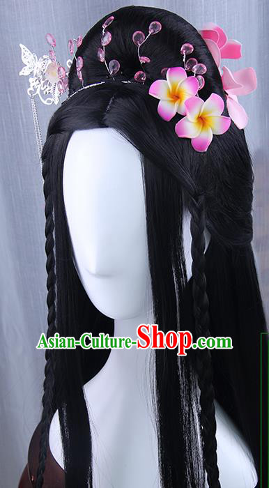 Traditional Handmade Ancient Chinese Tang Dynasty Imperial Empress Hair Decoration and Wig Complete Set, Ancient Chinese Cosplay Fairy Queen Flowers Hairpin and Wig for Women