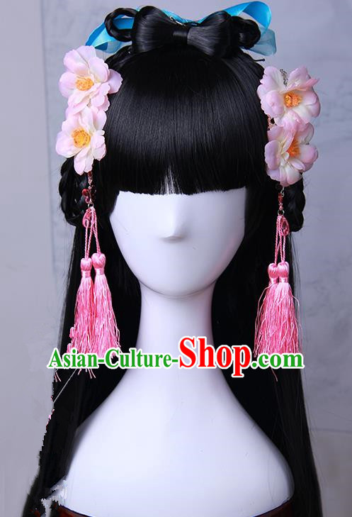 Traditional Handmade Ancient Chinese Han Dynasty Imperial Princess Pink Tassels Hair Decoration and Wig Complete Set, Ancient Chinese Hanfu Cosplay Fairy Young Lady Headwear and Wig for Women