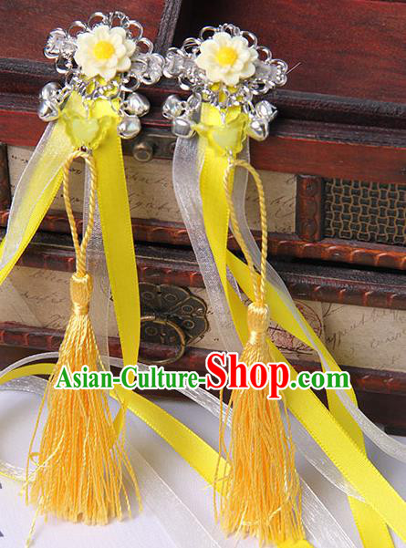 Traditional Handmade Chinese Ancient Princess Classical Hanfu Accessories Jewellery Yellow Long Ribbons Bells Hair Sticks Hair Claws, Tassel Hair Fascinators Hairpins for Women