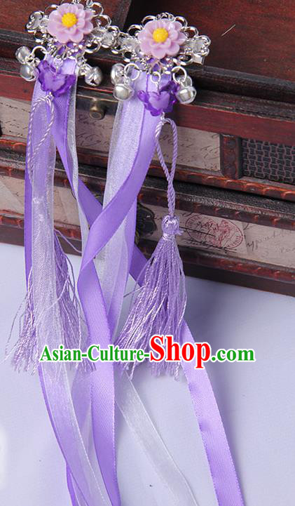 Traditional Handmade Chinese Ancient Princess Classical Hanfu Accessories Jewellery Purple Long Ribbons Bells Hair Sticks Hair Claws, Tassel Hair Fascinators Hairpins for Women
