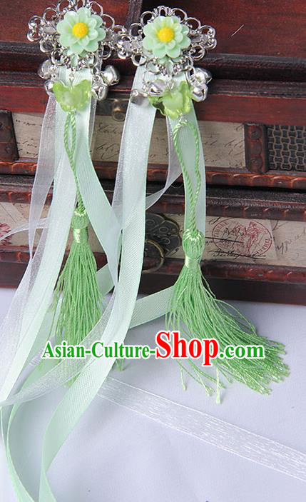 Traditional Handmade Chinese Ancient Princess Classical Hanfu Accessories Jewellery Green Long Ribbons Bells Hair Sticks Hair Claws, Tassel Hair Fascinators Hairpins for Women