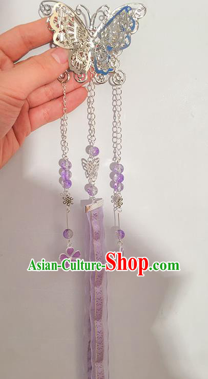 Traditional Handmade Chinese Ancient Princess Classical Hanfu Accessories Jewellery Long Lilac Ribbons Hair Sticks Butterfly Hair Claws, Tassel Hair Fascinators Hairpins for Women