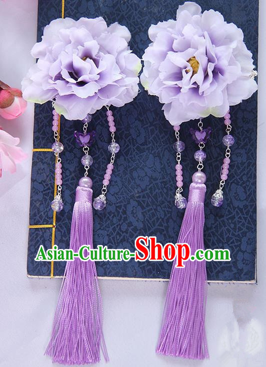 Traditional Handmade Chinese Ancient Princess Classical Hanfu Accessories Jewellery Lavender Silk Flowers Hair Sticks Hair Claws, Tassel Hair Fascinators Hairpins for Women
