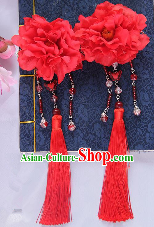 Traditional Handmade Chinese Ancient Princess Classical Hanfu Accessories Jewellery Red Silk Flowers Hair Sticks Hair Claws, Tassel Hair Fascinators Hairpins for Women