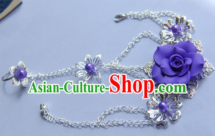 Traditional Handmade Chinese Ancient Princess Classical Hanfu Accessories Jewellery Purple Flower Bracelet and Ring Chain for Women