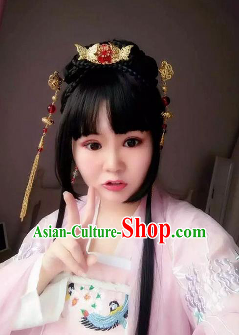 Traditional Handmade Ancient Chinese Han Dynasty Imperial Princess Butterfly Hair Decoration and Wig Complete Set, Ancient Chinese Hanfu Cosplay Fairy Young Lady Headwear and Wig for Women